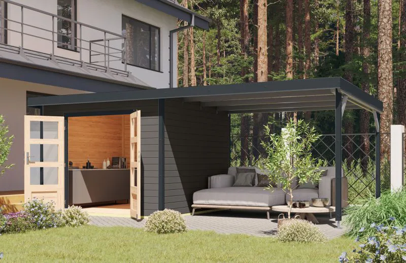 Gartenhaus mit Anbaudach, nordische Fichte terragrau/anthrazit, Trapezblech-Pultdach wetterfest, Doppelflügeltür, Zylinderschloss, 2,70 × 2,70 m