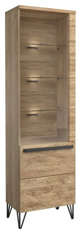 Vitrine Buzet 02, Farbe: Eiche / Schwarz, teilmassiv, Türanschlag Rechts - Abmessungen: 201 x 56 x 40 cm (H x B x T)