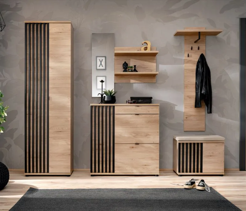 Garderobe Komplett - Set D Angvik, 5-teilig, Farbe: Eiche / Schwarz, zwei Schuhschränke, ein Garderobenschrank, ein Spiegel, vier Haken