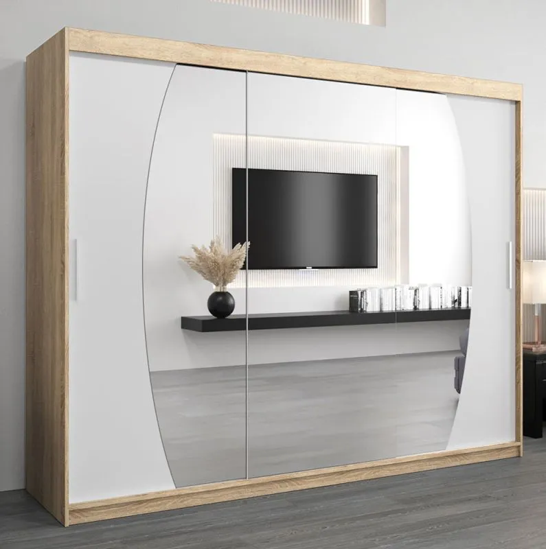 250 cm breiter Schiebetürenschrank mit 3 Türen | 10 Fächer | 2 Kleiderstangen | Farbe: Sonoma Eiche / Weiß Abbildung