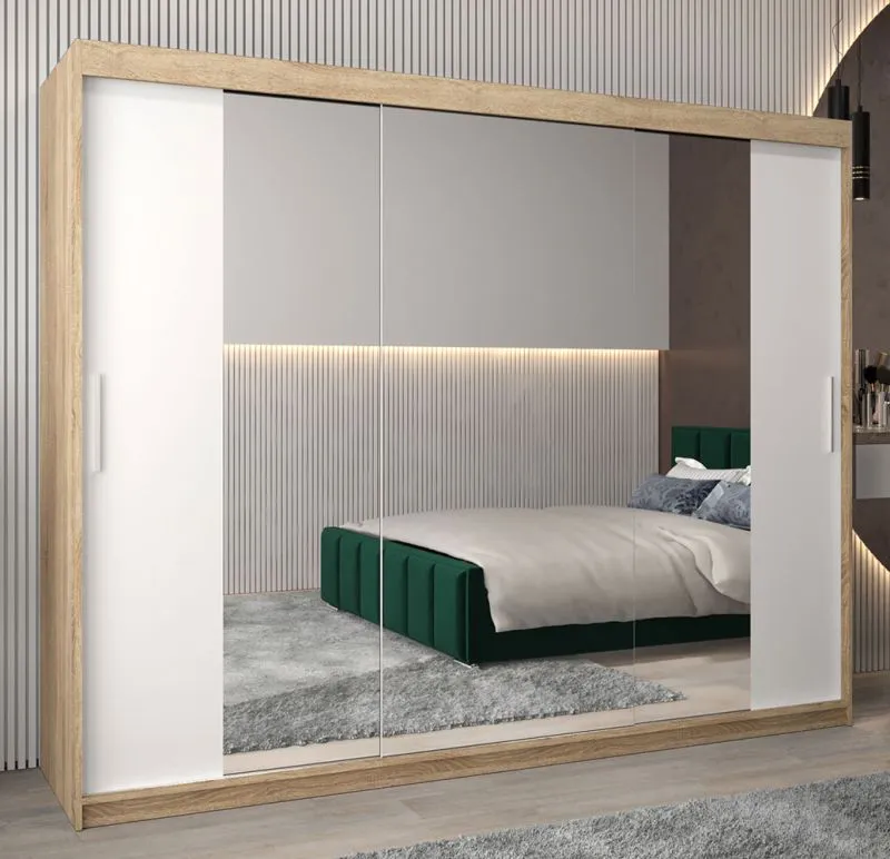 Schiebetürenschrank / Kleiderschrank Bisaurin 6C mit Spiegel, Farbe: Eiche Sonoma / Weiß matt - Abmessungen: 200 x 250 x 62 cm ( H x B x T)
