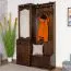 Schlichte Garderobe in Walnussfarben Kiefer massiv Vollholz 28B, mit Spiegel, 200 x 125 x 41 cm, mit zwei Schubladen, eine Hutablage und fünf Haken