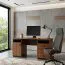 Schreibtisch Mojokerto 06, Farbe: Walnuss / Schwarz - Abmessungen: 77 x 160 x 60 cm (H x B x T)