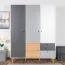 Jugendzimmer - Drehtürenschrank / Kleiderschrank Syrina 05, Farbe: Weiß / Grau / Eiche - Abmessungen: 202 x 153 x 55 cm (H x B x T)