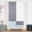 Jugendzimmer - Drehtürenschrank / Kleiderschrank Syrina 04, Farbe: Weiß / Grau / Blau - Abmessungen: 202 x 104 x 55 cm (H x B x T)