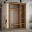 Platzsparender Schiebetürenschrank Mina in Eiche/Schwarz, viel Stauraum, 235,2 x 150 x 60 cm, Vorderseite aus Laminat Platten, Anti Staubbürsten