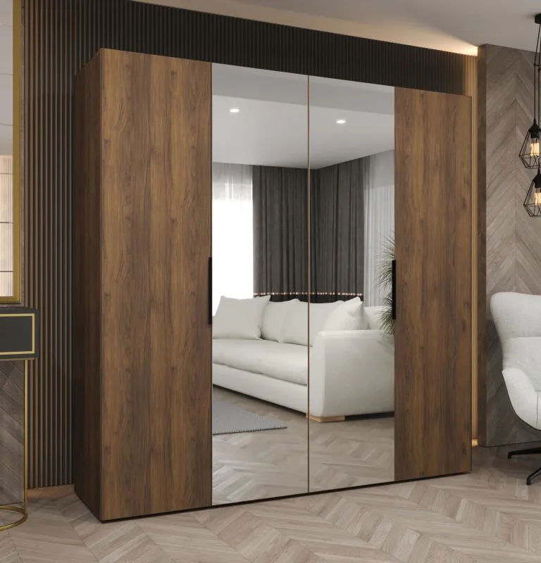 Kleiderschrank / Drehtürenschrank | Farbe: Walnuss | 2 Meter breit | zwei Kleiderstangen | Soft-Close | zwei Spiegeltüren | Griffe: Schwarz | zwei Fächer