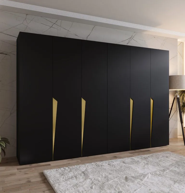 Drehtürenschrank / Kleiderschrank | Farbe: Schwarz | 4 Fächer | 3 Meter breit | Griffe: Gold | 4 Kleiderstangen | Soft-Close-Funktion | Maße: 300 x 52 x 202 cm