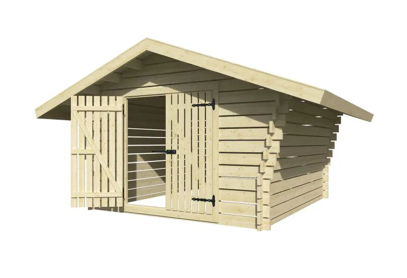 Holzschuppen / Gerätehaus, 40 mm Blockbohlenhaus, Doppeltür, aus Kiefernholz, gehobelt, Grundfläche: 7,18 m², Satteldach, Lüftungslücken zwischen Wandbrettern, Außenmaße: 268 x 268 cm