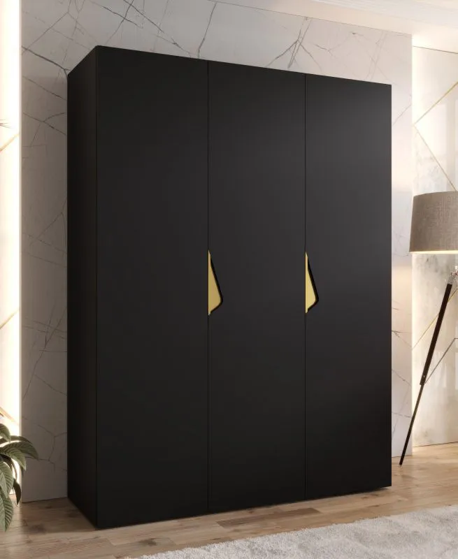 Kleiderschrank | 3 Türen | Farbe: Schwarz | Griffe: Gold | Maße: 150 x 52 x 202 cm | 2 Kleiderstangen | 2 Fächer | Drehtürenschrank