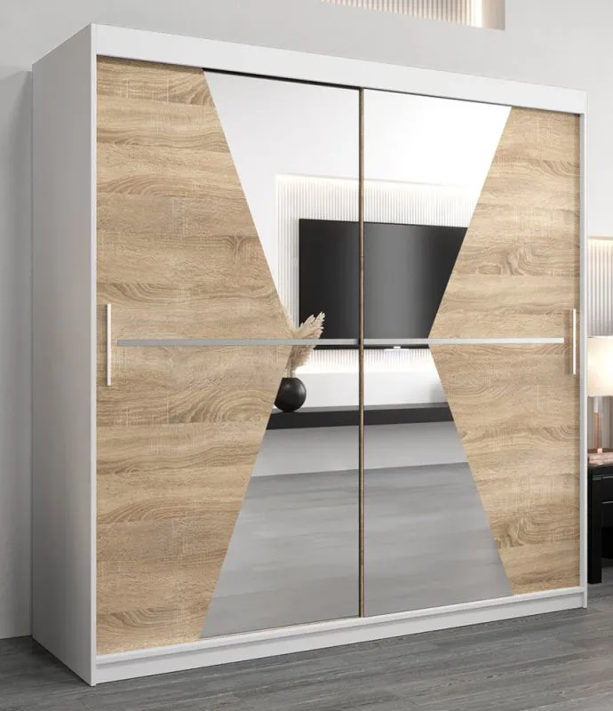 2 Meter breiter Kleiderschrank mit 2 Türen | Farbe: Sonoma Eiche / Weiß Abbildung