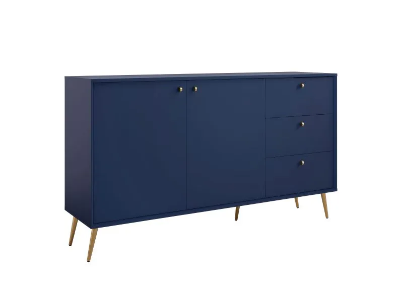 Sideboard / Kommode mit drei Schubladen Egaleo 02, Farbe: Dunkelblau, zwei Türen, zwei Fächer, Griffe & Beine: Metall, Maße: 89 x 156 x 40,5 cm, ABS-Kanten