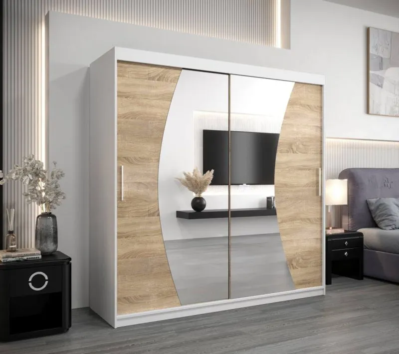 200 cm breiter Kleiderschrank mit 2 Türen | 10 Fächer | Farbe: Sonoma Eiche / Weiß Abbildung