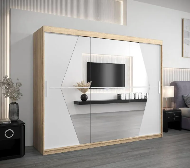 250 cm breiter Kleiderschrank mit 3 Türen | 10 Fächer | Farbe: Sonoma Eiche / Weiß Abbildung