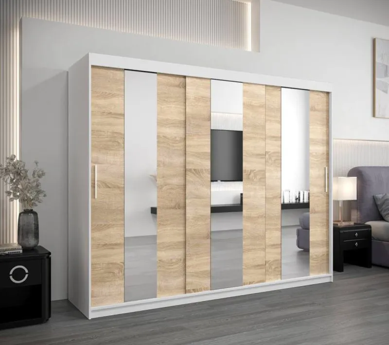 250 cm breiter Kleiderschrank mit 3 Türen | 10 Fächer | Farbe: Sonoma Eiche / Weiß Abbildung