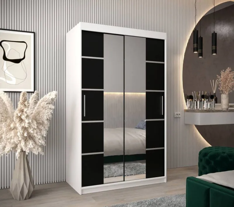 120 cm breiter Kleiderschrank mit 2 Türen | 5 Fächer | Farbe: Weiß / Schwarz Abbildung