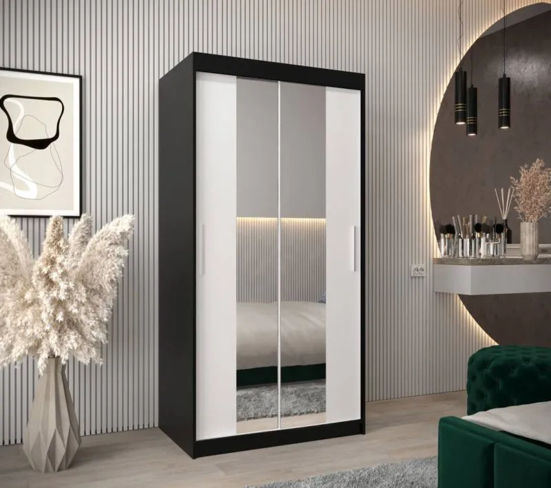 100 cm breiter Kleiderschrank mit 5 Fächern und 2 Türen | Farbe: Weiß / Schwarz Abbildung
