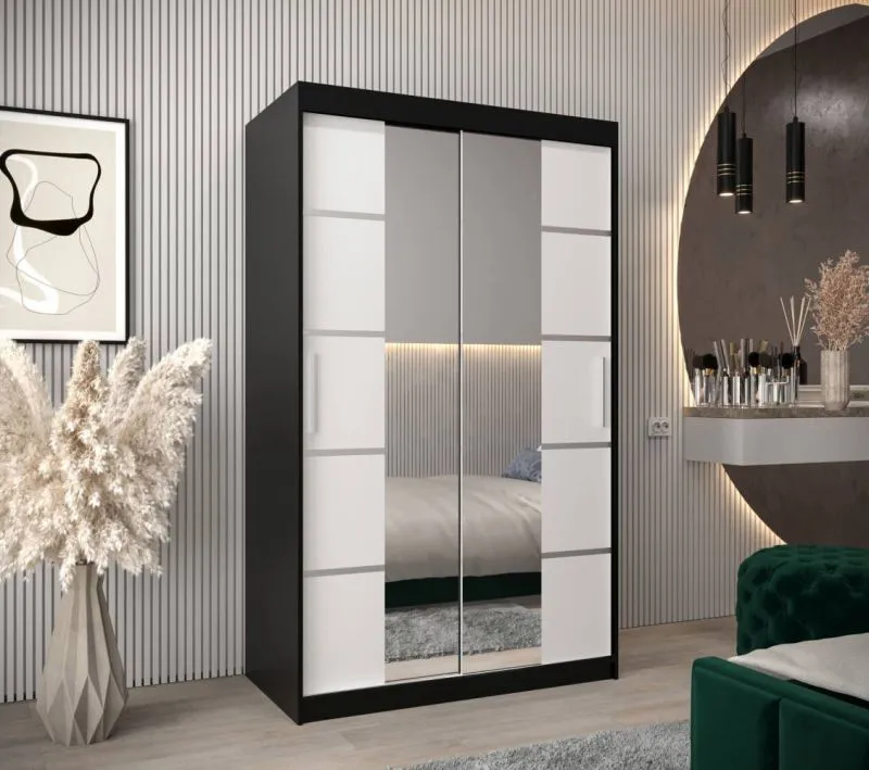 120 cm breiter Kleiderschrank mit 2 Türen | 5 Fächer | Farbe: Weiß / Schwarz Abbildung