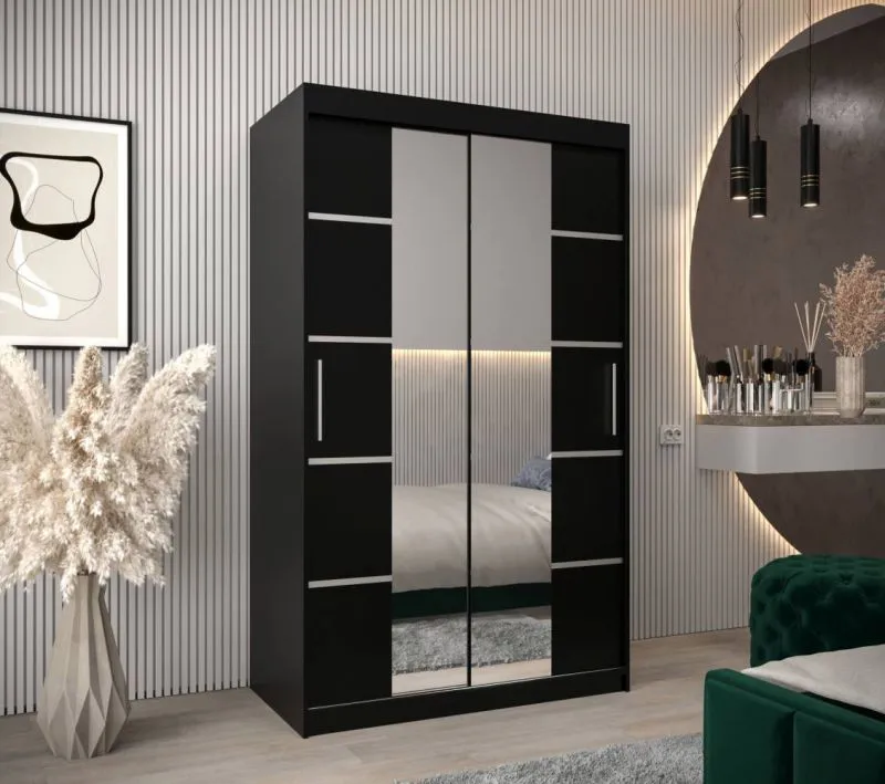 120 cm breiter Kleiderschrank mit 2 Türen | 5 Fächer | Farbe: Schwarz Abbildung