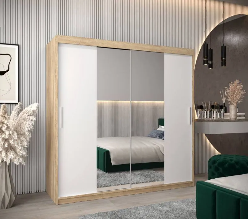 2 Meter breiter Kleiderschrank mit 2 Türen | Farbe: Sonoma Eiche / Weiß Abbildung