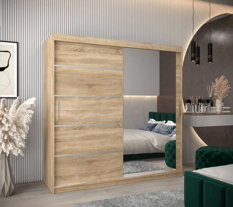 200 cm breiter Schiebetürenschrank mit 2 Türen | 10 Fächer | 2 Kleiderstangen | Farbe: Sonoma Eiche Abbildung