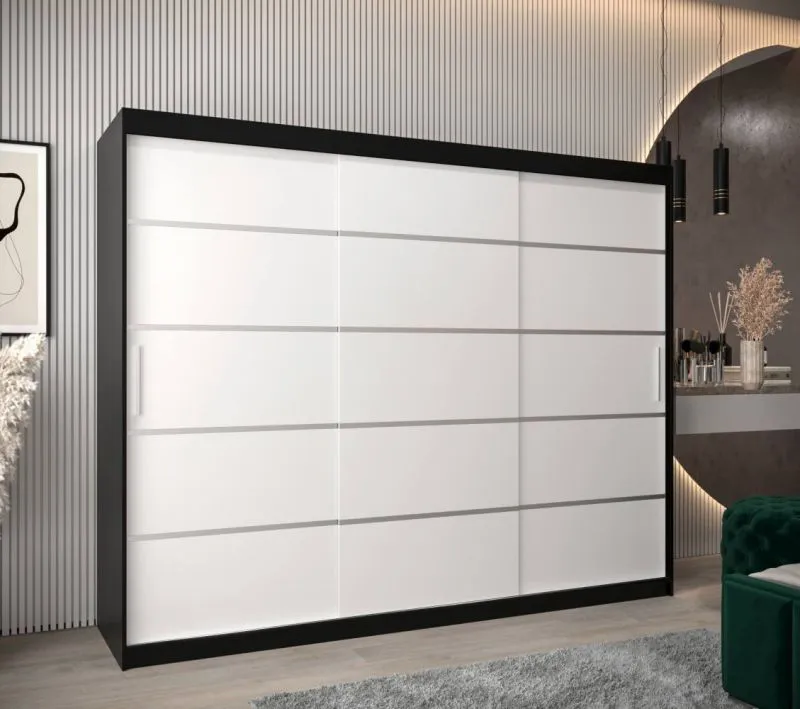 250 cm breiter Schiebetürenschrank mit 3 Türen | 10 Fächer | 2 Kleiderstangen | Farbe: Schwarz Abbildung