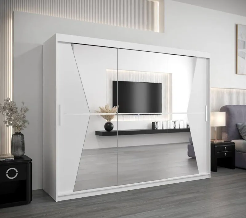 250 cm breiter Schiebetürenschrank mit 3 Türen | 10 Fächer | 2 Kleiderstangen | Farbe: Weiß Abbildung