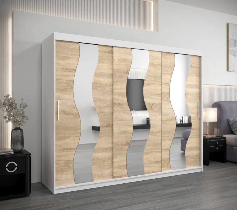 250 cm breiter Schiebetürenschrank mit 3 Türen | 10 Fächer | 2 Kleiderstangen | Farbe: Sonoma Eiche / Weiß Abbildung