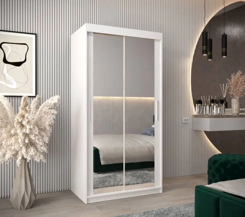100 cm breiter Schiebetürenschrank mit 2 Türen | 5 Fächer | 2 Kleiderstangen | Farbe: Weiß Abbildung