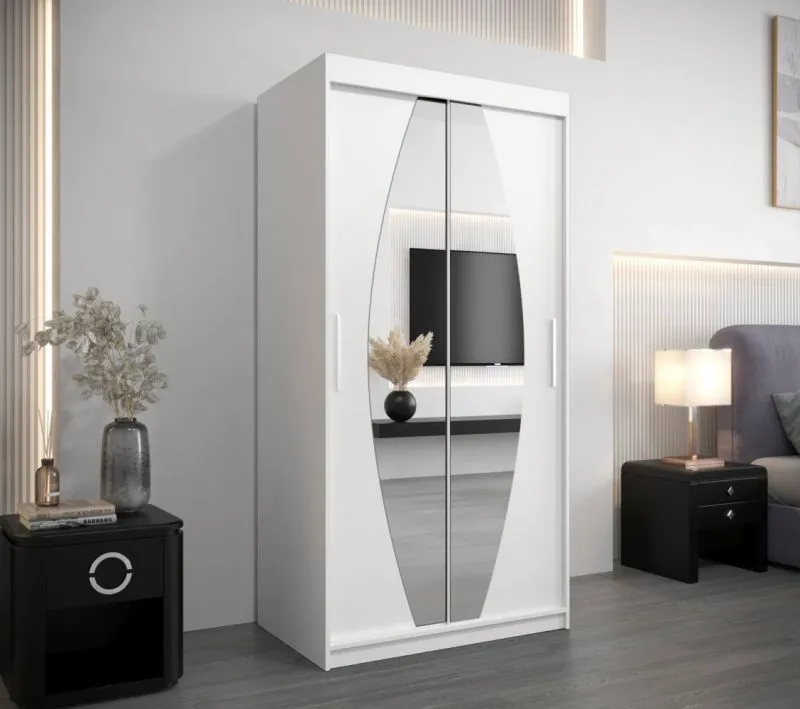 100 cm breiter Schiebetürenschrank mit 2 Türen | 5 Fächer | 2 Kleiderstangen | Farbe: Weiß Abbildung