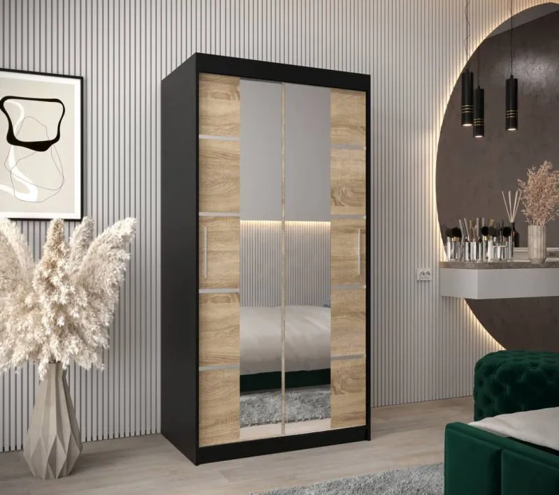 100 cm breiter Schiebetürenschrank mit 2 Türen | 5 Fächer | 2 Kleiderstangen | Farbe: Schwarz Abbildung