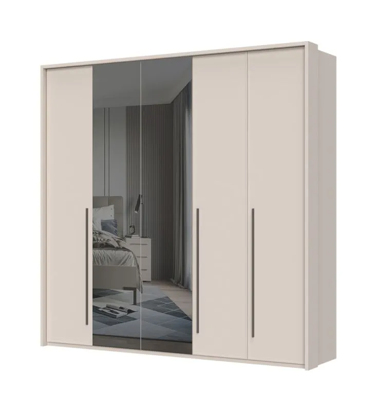 Drehtürenschrank mit Rahmen Neiafu 42, zwei Spiegeltüren, drei Kleiderstangen, Farbe: Kaschmir, Maße: 224 x 227 x 56 cm, verstellbare Füße, neun Einlegeböden
