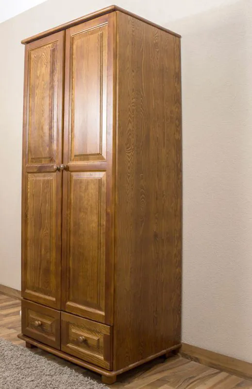 Schmaler Kleiderschrank | 2 Drehtüren | 2 Schubladen | 1 Fach | mit Kleiderstange | 80 cm breit | Massivholz | Farbe: Eiche Abbildung