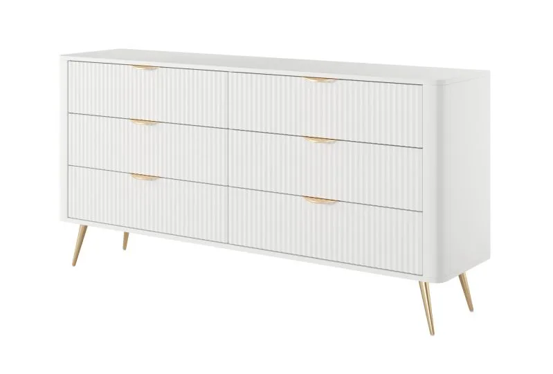 Kommode | 6 Schubladen | Weiß | Maße: 81 x 163 x 38 cm | langes Sideboard | Griffe & Beine: Metall | modernes Lamellen Design | für Wohnzimmer