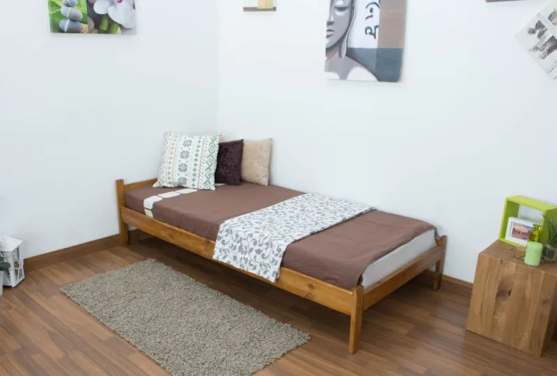 Futonbett / Massivholzbett Kiefer Vollholz massiv Eichefarben A14, inkl. Lattenrost - Abmessung 90 x 200 cm 