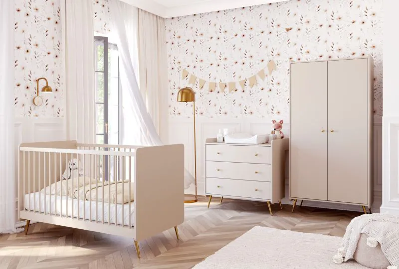Kinderzimmer Komplett Set A Knut | 4-teilig | Farbe: Beige | 1 Kleiderschrank | 1 Kommode | 1 Kinderbett / Gitterbett | 1 Wickelaufsatz | Soft-Close-Funktion