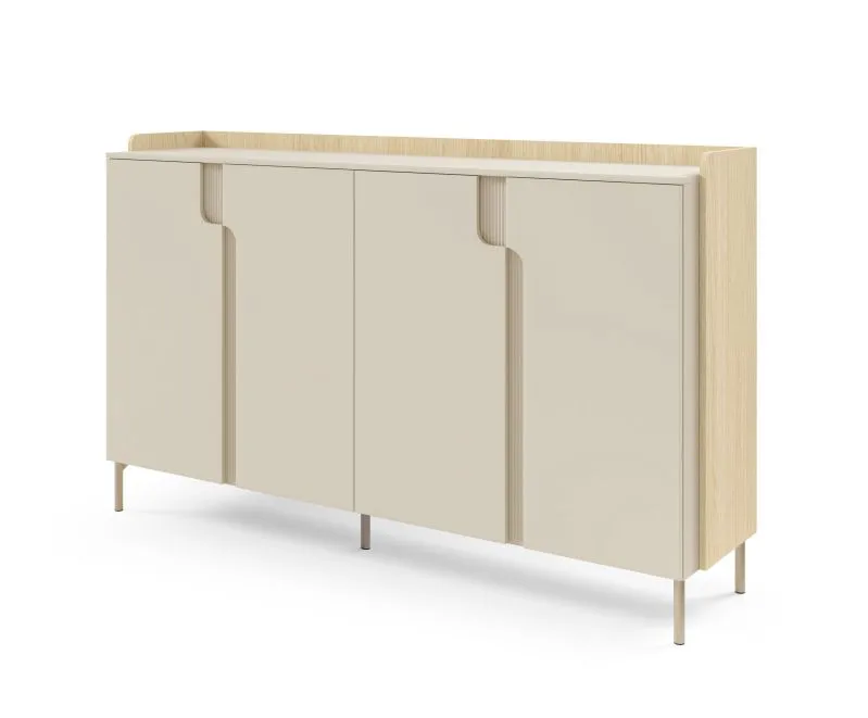 Kommode | Farbe: Eiche Mavelie / Macadamia | 4 Drehtüren | 6 Fächer | 183 x 42 x 110 cm | Push-to-open Funktion | Sideboard | Beine: Metall