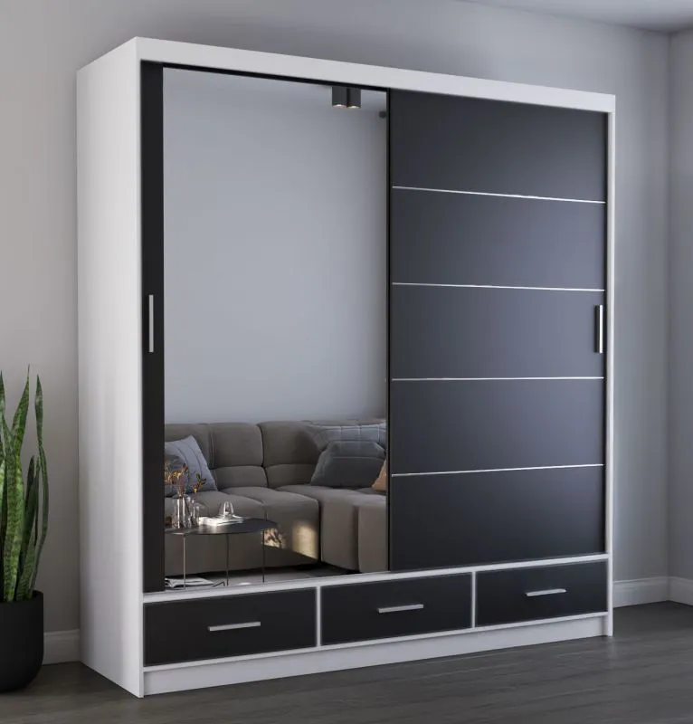 Schiebetürenschrank / Kleiderschrank mit Spiegel Schwarz / Weiß | Lusatian 16 | 218 x 203 x 61 cm | 2 Türen | 3 Schubladen | 12 Fächer | viel Stauraum