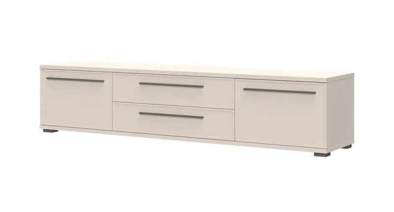 TV-Möbel / TV-Unterschrank mit Soft-Close-Funktion Neiafu 117, Farbe: Kaschmir, zwei Schubladen, zwei Türen, verstellbare Füße, Maße: 46 x 201 x 46 cm