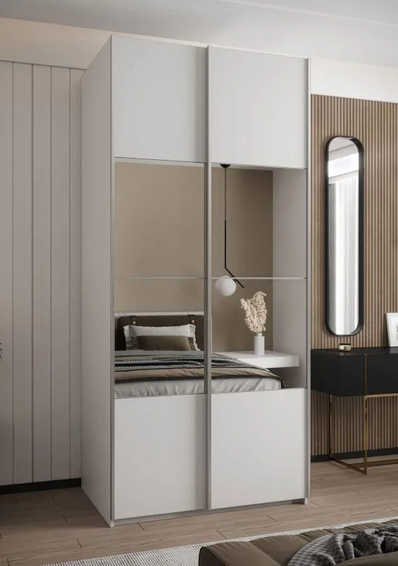 Kleiderschrank / Schiebetürenschrank | 6 Fächer | 2 Kleiderstangen | 2 Schiebetüren | Spiegel | Soft-Close | Farbe: Weiß | 245,5 x 120 x 64 cm