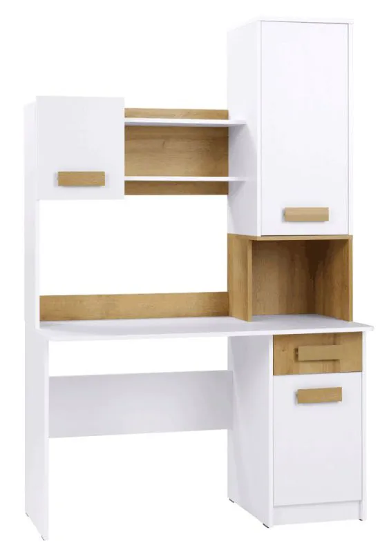 Schreibtisch mit Schrankanbau Fafe 20, Farbe: Eiche Riviera / Weiß - Abmessungen: 195 x 125 x 53 cm (H x B x T)
