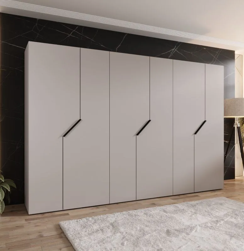 Drehtürenschrank | Farbe: Kaschmir | 6 Türen | 3 Kleiderstangen | ABS-Kanten | Griffe: Schwarz | Maße: 300 x 52 x 202 cm | Soft-Close-Funktion | 3 Fächer