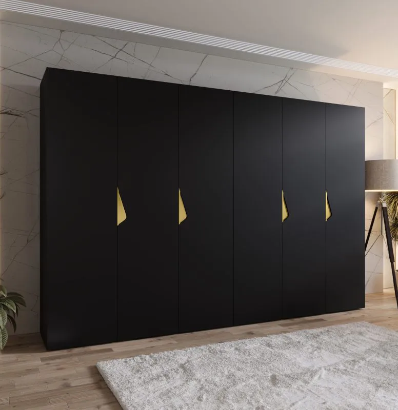 Drehtürenschrank / Kleiderschrank | Farbe: Schwarz | 3 Meter breit | 6-Türig | Griffe: Gold | 4 Fächer | Maße: 300 x 52 x 202 cm | 4 Kleiderstangen