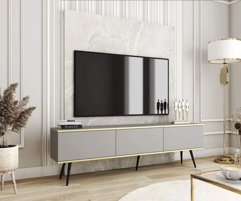 Langes TV-Board / TV-Möbel mit drei Kippfächer Horsham 36, Farbe: Grau, Push-to-open Funktion, hängend montierbar, Beine: Schwarz, ABS-Kantenschutz