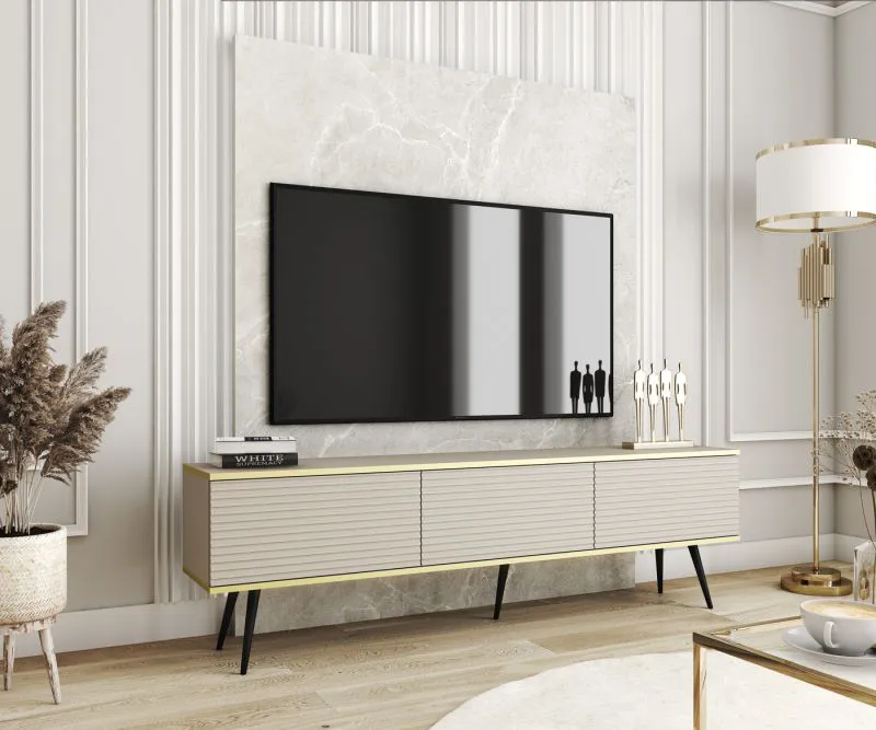TV-Möbel / TV-Schrank mit drei Kipptüren Horsham 25, Farbe: Beige, Push-to-open Funktion, ABS-Kantenschutz, Maße: 53 x 175 x 32 cm, hängend montierbar