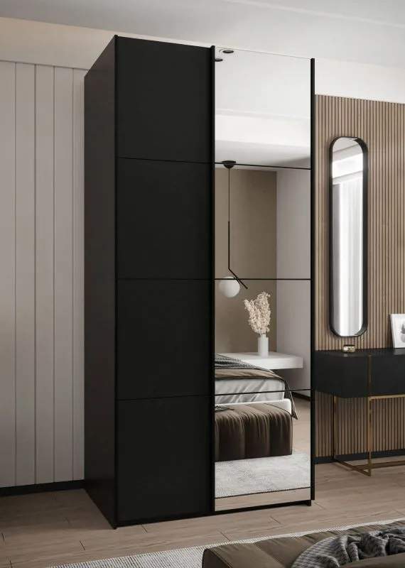 Kleiderschrank / Schiebetürenschrank | 245,5 x 100 x 64 cm | Farbe: Schwarz | Spiegel | Soft-Close | 2 Kleiderstangen | 2 Schiebetüren |Spiegel
