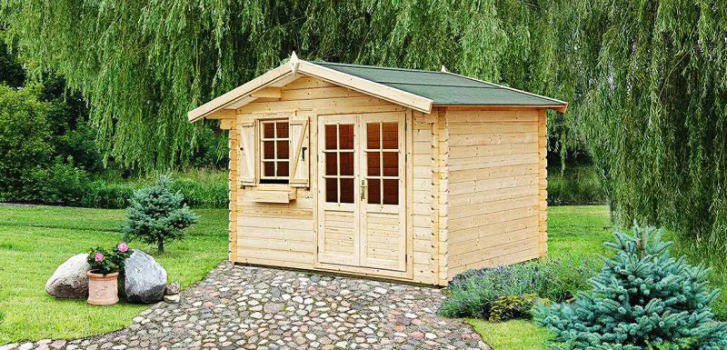 Holz-Gartenhaus 3,48 x 3,48 Meter (inkl. Dach) | Naturbelassen | Satteldach | 34 mm Blockbohlen-Haus Abbildung
