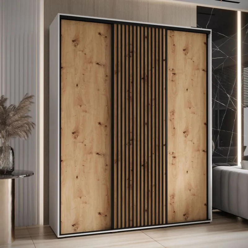 Kleiderschrank Mina mit Schiebetüren in Weiß/Eiche gehalten, Anti Staubbürsten, platzsparend, viel Stauraum, 235,2 x 190 x 60 cm, robust, moderne Optik