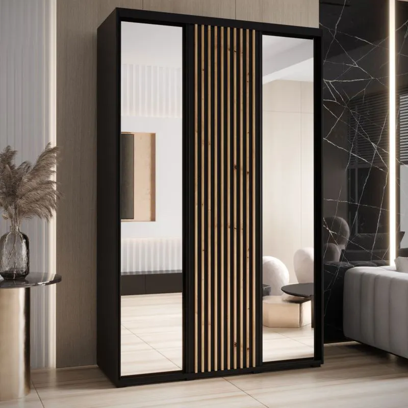 Schwarzer Kleiderschrank Mina mit Schiebetüren und Spiegel, Anti Staubbürsten, viel Stauraum, auch für Wohnzimmer geeignet, 235,2 x 160 x 60 cm