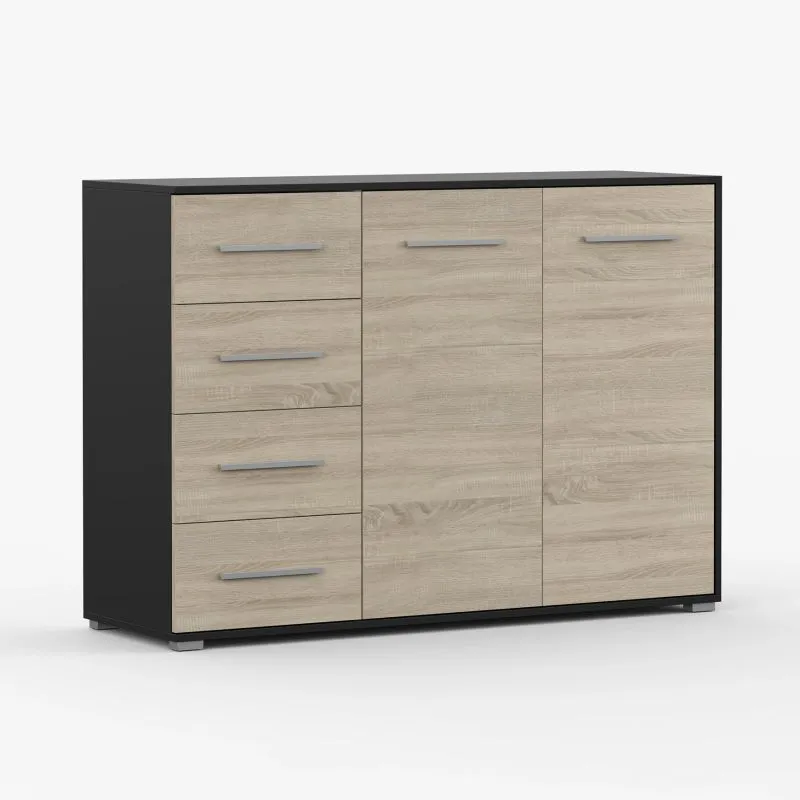 Kommode | 96 x 135 x 45 cm | Eiche / Schwarz | Comarca 29 | 2 Türen | 4 Schubladen | 3 Fächer | Zweifarbig | klassisches Design | eckig | Stauraum